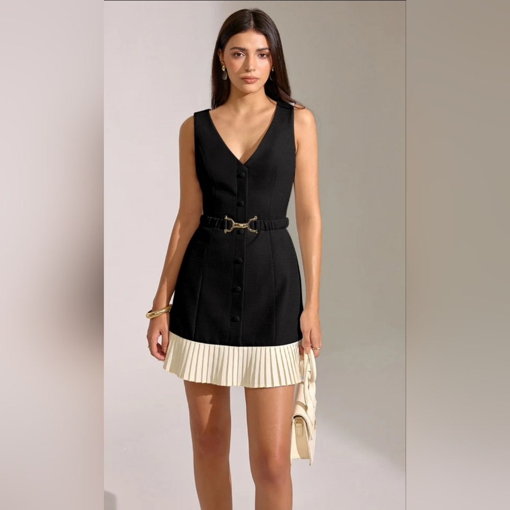 Commense Contrast Pleated Hem Sleeveless Belted Mini Dress